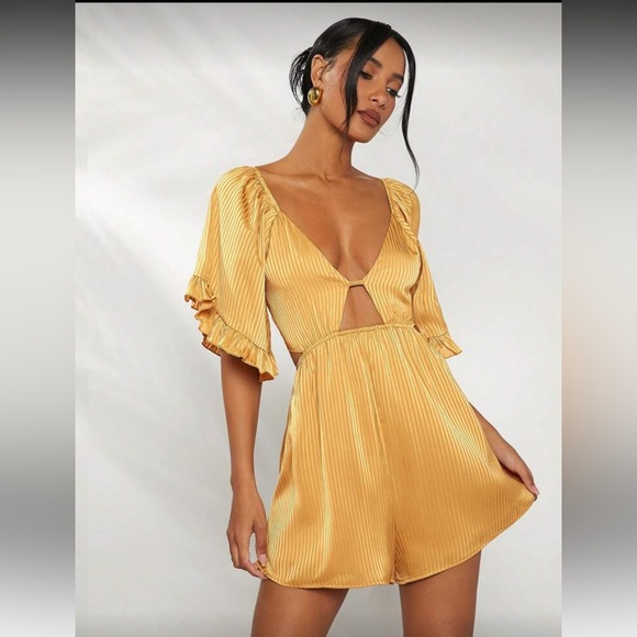 SHEIN Pants - SHEIN Unity Satin Plunge Neck Romper With Ruffle Sleeves size M